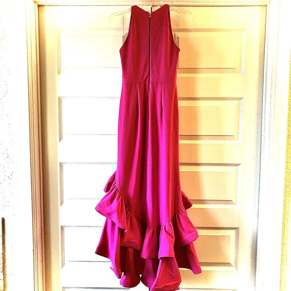 BETSY & ADAM Arielle Ruffle Slit Scuba Crepe High\Low Gown Fuchsia 4P MSRP $269 - Picture 5 of 6